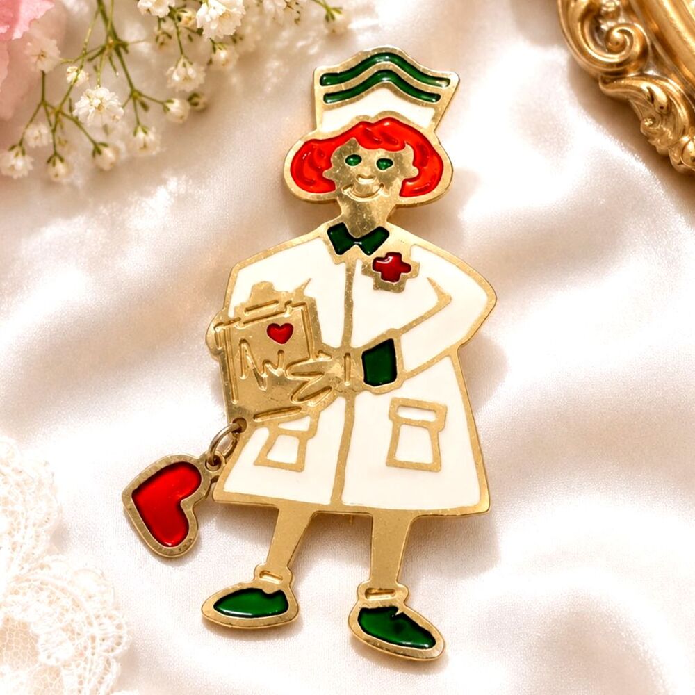 Vintage Enamel Gold Tone Nurse Brooch Pin with Dangling Heart Charm